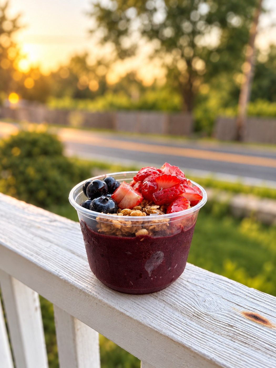 Açaí bowl top view with blueberries, granola and condensed milk drizzle