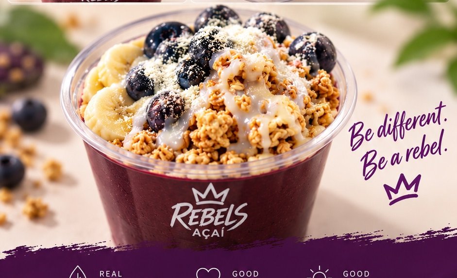 Finished Rebels Açaí bowl with blueberries, granola and condensed milk drizzle